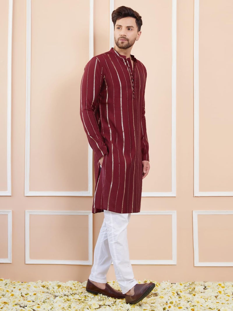 See Designs Men Full Sleeve Side Slit Burgundy and Gold Chanderi Silk Sequins Mandarin Collar Kurta - SD2KT_2433XXL - Image 3
