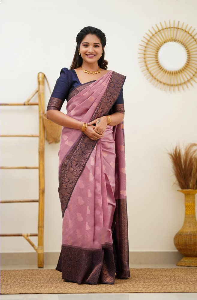 SGF11 Women's Kanjivaram Soft Lichi Silk Saree With Blouse Piece (Light Pink) - Image 2