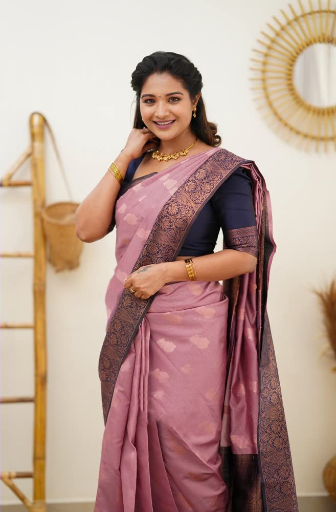SGF11 Women's Kanjivaram Soft Lichi Silk Saree With Blouse Piece (Light Pink) - Image 3