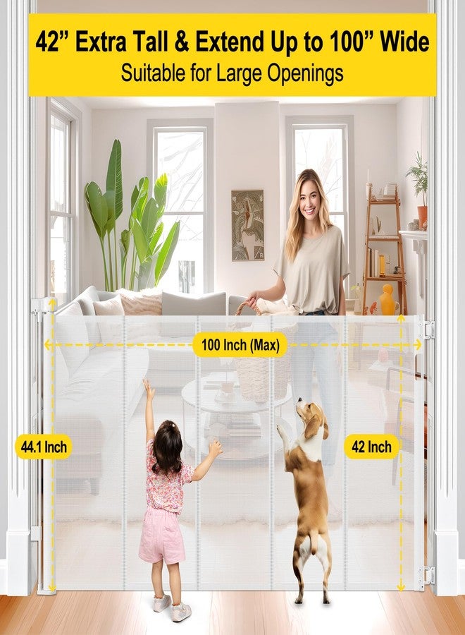 Bingguz Reinforced 42” Tall x 100” Extra Wide Retractable Baby Gate for Large Openings Tall Baby Gates for Dogs Pet Gate with Rods to Prevent Crawling Through, Extra Wide Mesh Dog Gate, White - Image 4