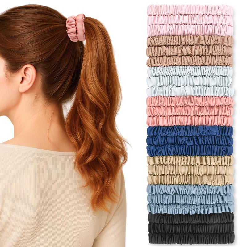 LEADUWAY 24 Pack Silky Soft Hair Ties, Silk-Like Skinny Scrunchies No Damage Elastic Ponytail Holders for Curly, Thick or Thin Hair, Women and Girls - Image 1