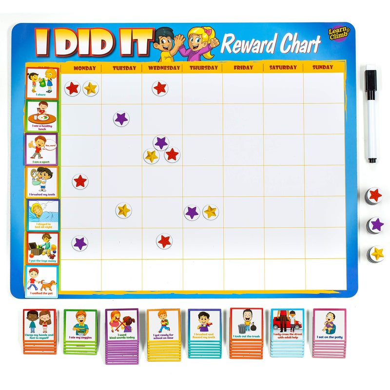 Learn & Climb Kids Behavior Reward Chart - 63 Chores as Potty Train, & More. “Thick Magnetic” Responsibility Chart Board/Tasks-for Multiple Kids - Image 1
