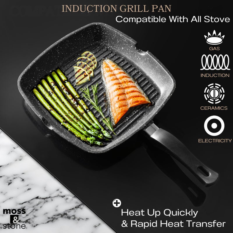 Moss & Stone Aluminum Nonstick Grill Pan for Stove Tops, Versatile Griddle with Pour Spouts, Square Grill Pan Big Cooking Surface, Durable Skillet Indoor & Outdoor Grilling. PFOA Free, 11 Inch - Image 2
