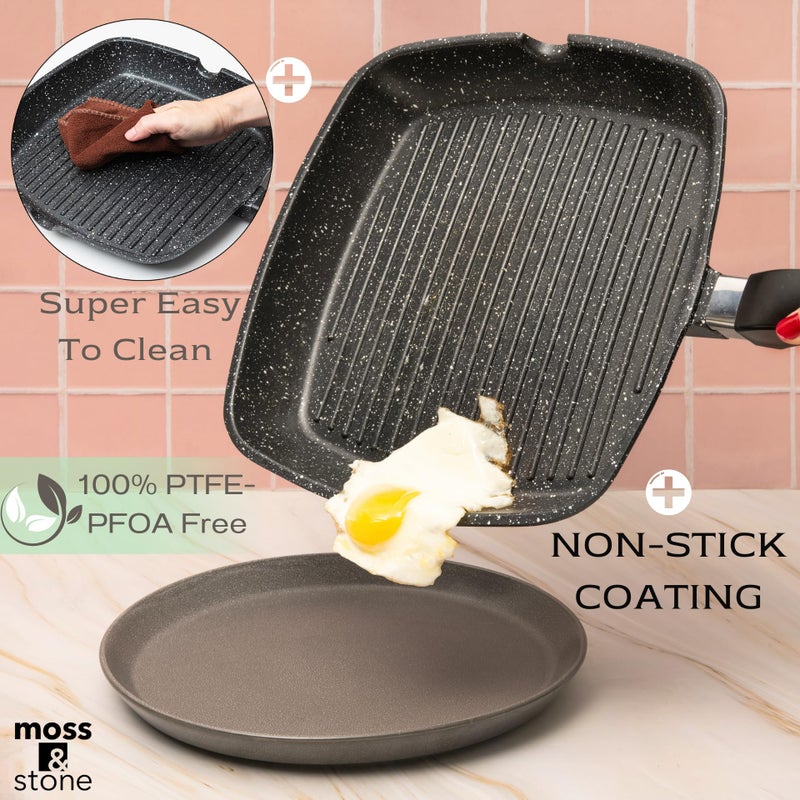 Moss & Stone Aluminum Nonstick Grill Pan for Stove Tops, Versatile Griddle with Pour Spouts, Square Grill Pan Big Cooking Surface, Durable Skillet Indoor & Outdoor Grilling. PFOA Free, 11 Inch - Image 4