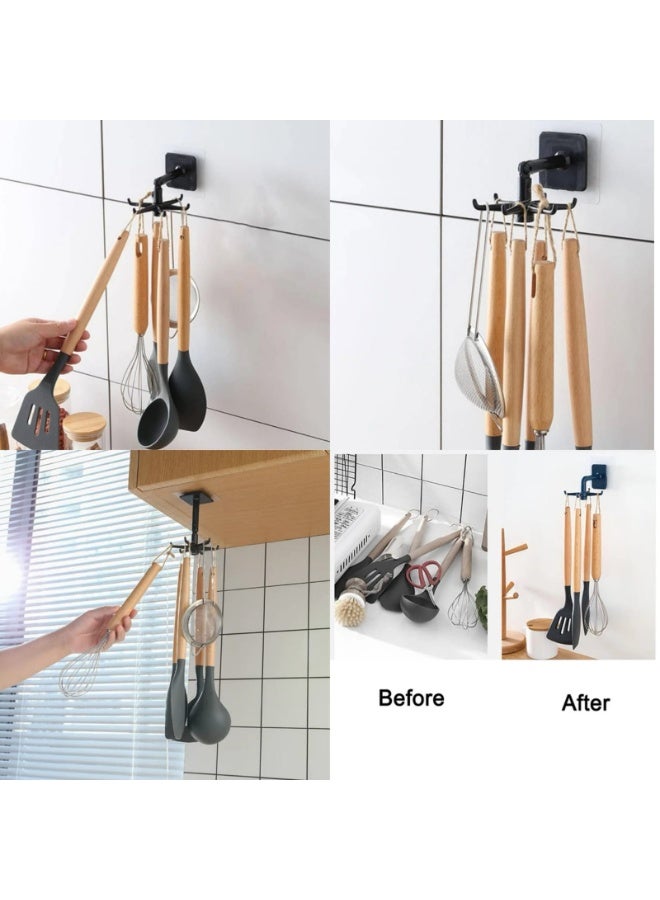 360 Rotating Kitchen Utensil Rack - Self-Adhesive Wall-Mounted or Under-Cabinet Hanging Hook - 6-Claw Waterproof Storage Organizer for Spatulas, Spoons, and Gadgets - Damage-Free Installation - Black - Image 2