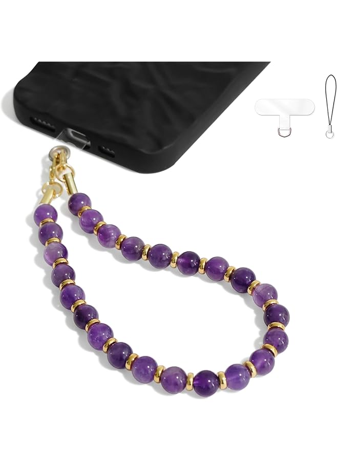 Green Tiger Authentic Gemstone Beaded Phone Wrist Strap, Phone Charm for Women, Hands-Free & Beaded Chain, Detachable Phone Bracelet Strap with Tether Tab (Purple, 1Pcs) - Image 1