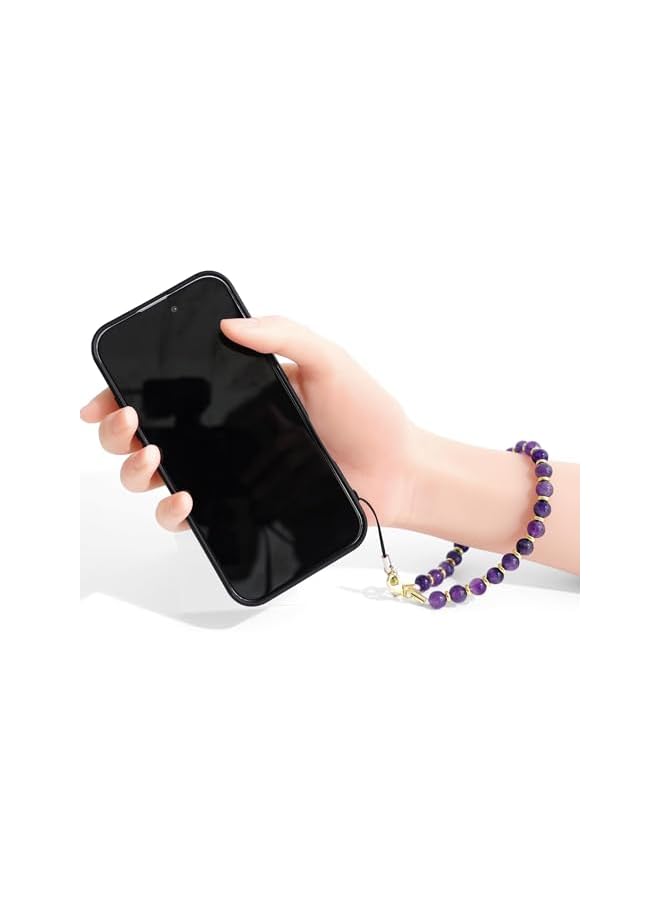 Green Tiger Authentic Gemstone Beaded Phone Wrist Strap, Phone Charm for Women, Hands-Free & Beaded Chain, Detachable Phone Bracelet Strap with Tether Tab (Purple, 1Pcs) - Image 2