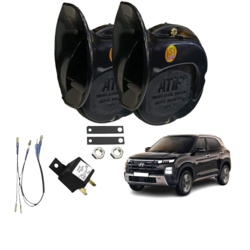 ATIF Horn For Universal For Bike, Universal For Car, Universal for Bus, Universal for Trucks Creta (BLACK HORN WITH WIRE AND RELAY) - Image 1