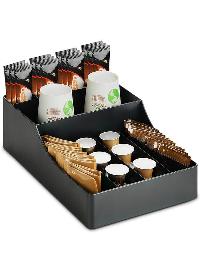 رف تخزين لمحطة القهوة، رف تخزين التوابل على سطح العمل مع 9 حجرات، منظم تخزين توابل القهوة والشاي، مناسب للمنزل والمكتب وغرفة المعيشة، أسود - Image 1