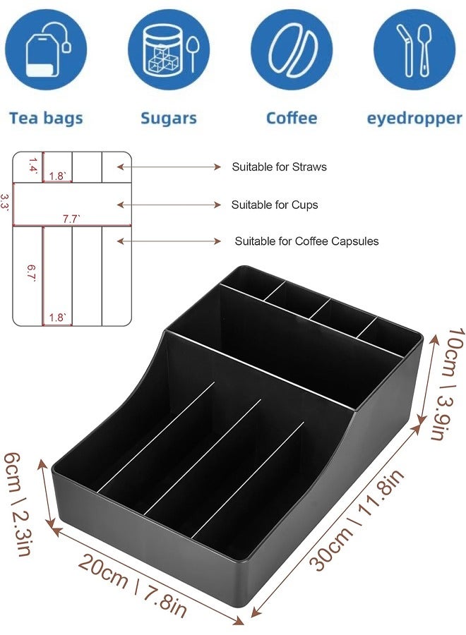 رف تخزين لمحطة القهوة، رف تخزين التوابل على سطح العمل مع 9 حجرات، منظم تخزين توابل القهوة والشاي، مناسب للمنزل والمكتب وغرفة المعيشة، أسود - Image 2