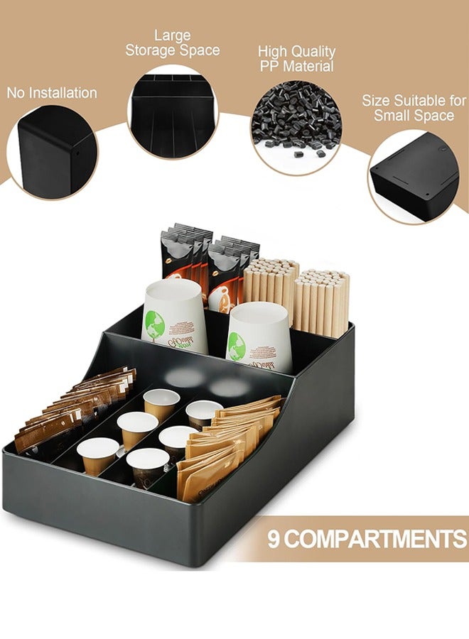 رف تخزين لمحطة القهوة، رف تخزين التوابل على سطح العمل مع 9 حجرات، منظم تخزين توابل القهوة والشاي، مناسب للمنزل والمكتب وغرفة المعيشة، أسود - Image 3