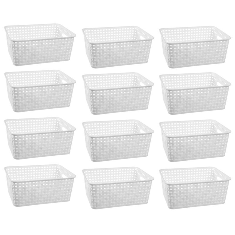 ZHENFAN White Plastic Woven Storage Baskets, 12-Pack Weave Basket Organizer for Kitchen Office Bathroom - Image 1