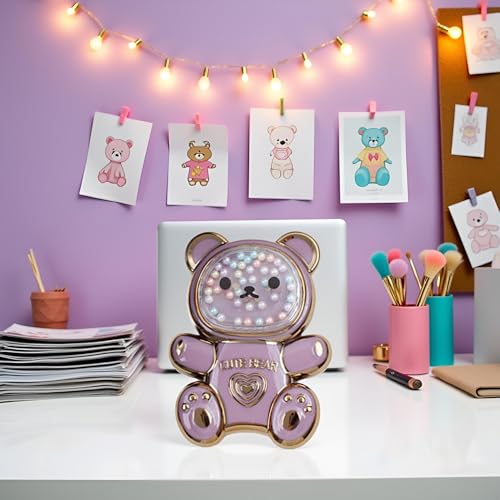 Pxiryanlow Purple Cute Phone Stand Holder,Cell Phone Bear Shaped Hidden Kickstand for Desk,Bear Shaped Phone Holder,Adjustable Tablet Phone Ring Stand with 3D Moving Star Sequins for Girls Women Accessories - Image 2