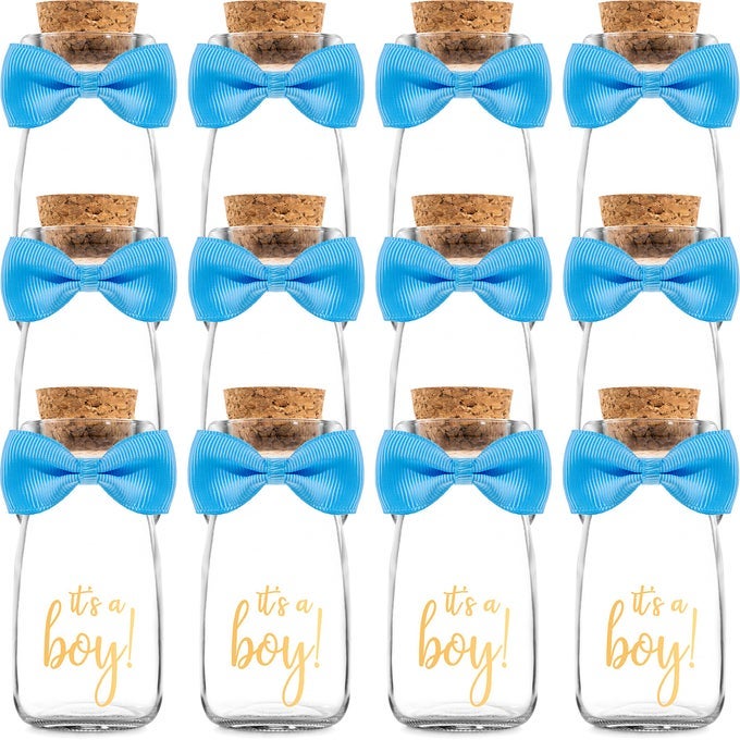 Small 12 Pack Its a Boy Milk Glass Bottles with Ribbons and Stickers Vintage Baby Shower Favors for Guests and Table Centerpieces Gender Reveal Boy Decorations Baby Shower Candy Jar
