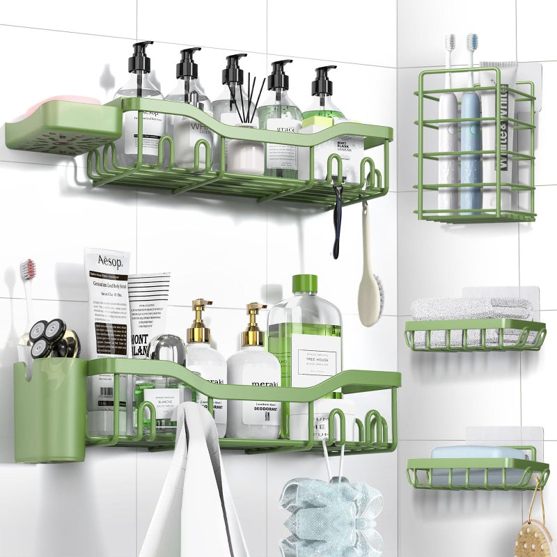 NESOMI Shower Caddy Adhesive Shower Organizer 7-Pack, Rustproof Stainless Steel Bathroom Shelves, Large Capacity No-Drill Rack Storage Accessories with Soap Dish Toothbrush Holder Hooks - Image 1