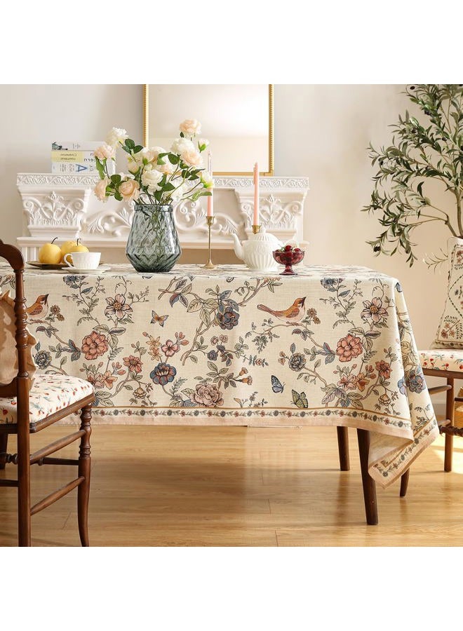 ISAENNE French Tablecloth for Rectangle Tables,Linen Table Cloth with Flowers and Birds Pattern,Heavy Durable Table Cover for Dining Thanksgiving Kitchen Decor Party Banquet Christmas,67"*118" - Image 2