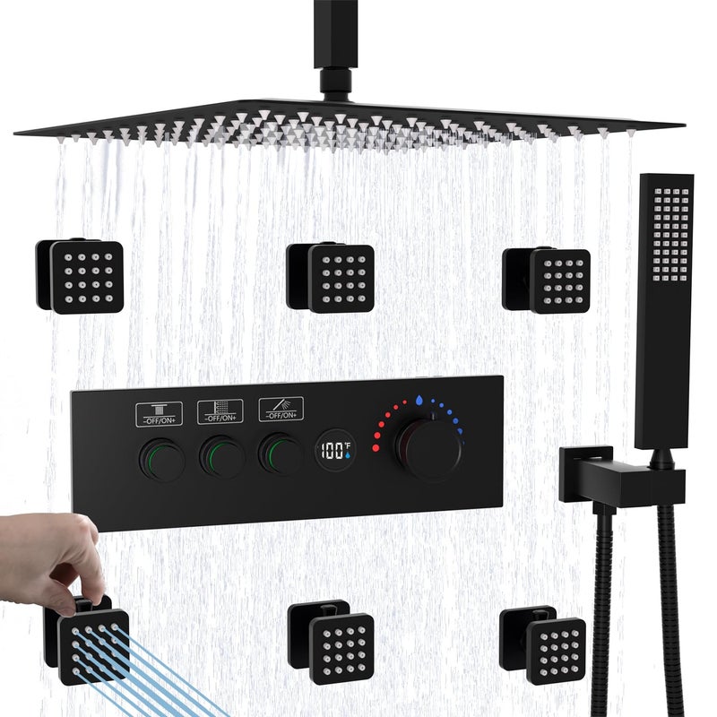 TemperatureDisplay Shower System with Body Jets 16 Inch Rainfall Shower with Pushbutton Thermostatic Valve and Independent Flow Control Matte Black