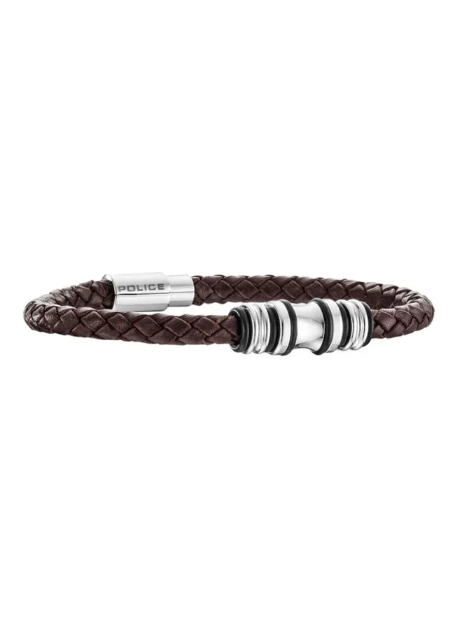 Silver Stainless Steel and Brown Leather Bracelet for Men