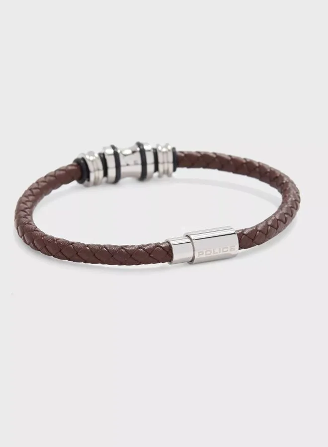 POLICE Silver Stainless Steel and Brown Leather Bracelet for Men