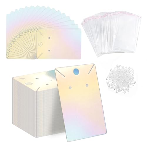 fuceury 150 pcs Holographic Earring Display Card Holder 300 Pcs Backs and 150 Jewelry Packaging Bags for Earring Necklace Jewelry Cards - Image 1