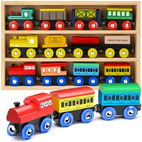 Play22 Wooden Train Set 12 PCS  Train Toys Magnetic Set Includes 3 Engines  Toy Train Sets For Kids Toddler Boys And Girls  Compatible With All Major Brands  Original  By Play22 - Image 1