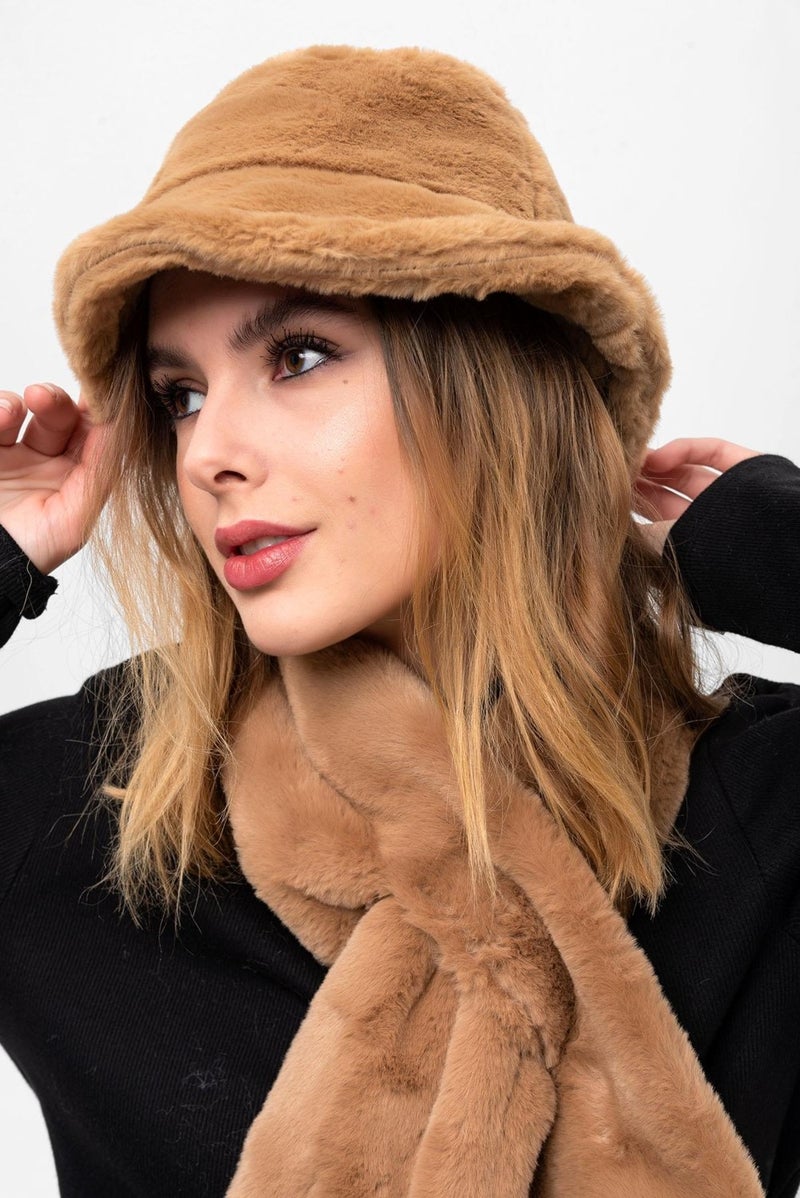 Saria Moda Saria Fashion Women 2 Piece Set Plush Bucket Hat Neck Scarf  - Image 2