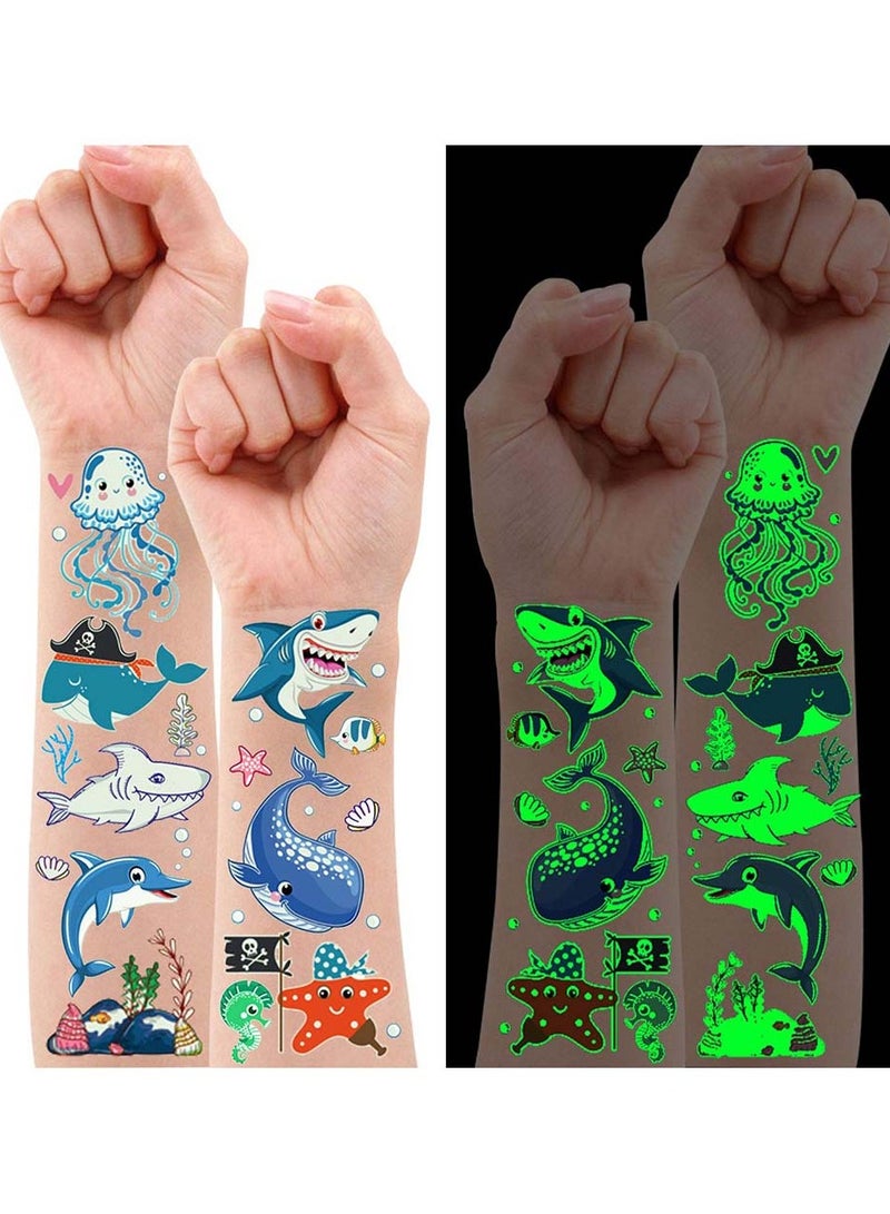 SYOSI Luminous Shark Temporary Tattoos Glow Birthday Decorations Party Favors Supplies for Boys and Girls Ocean Under the Sea Fake Tattoo Stickers Gifts Kids 10 Pcs - Image 1