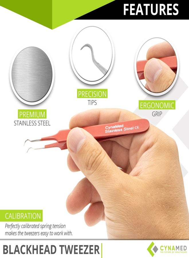 CYNAMED Blackhead Tweezer - Professional Curved Steel Tip Surgical Comedone & Splinter Extractor. Ideal Blemish & Acne Remover Tool Means Flawless Facial Skin (Red) - Image 2
