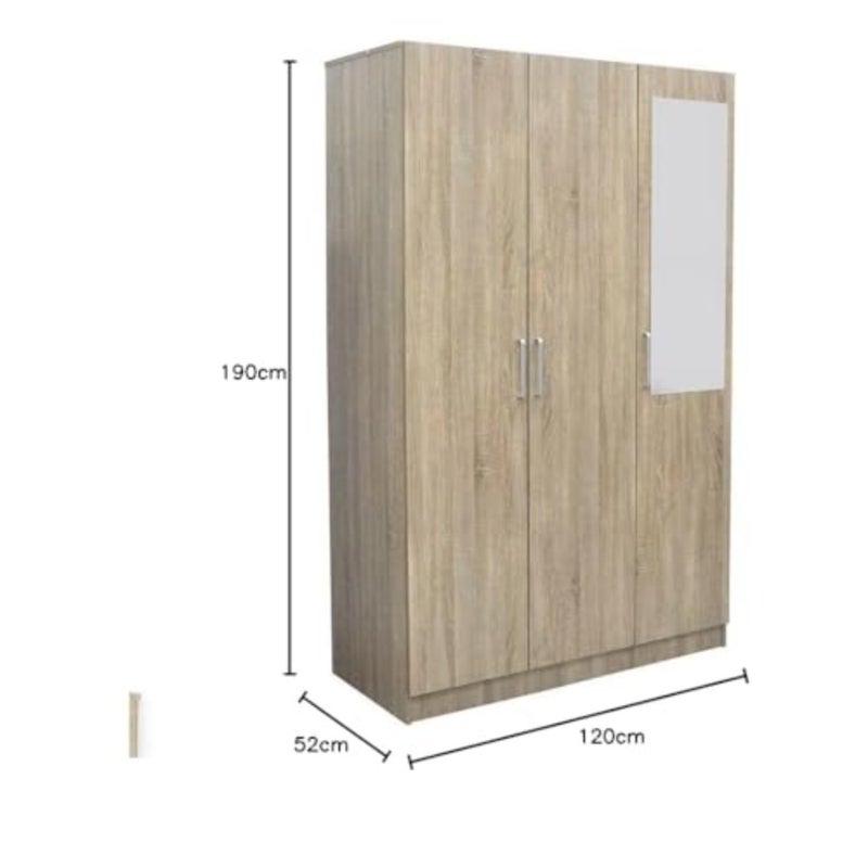 Supreme 3-door wardrobe with mirror, extra sturdy closet for bedroom storage, modern space-saving swing-door cabinet, French Sonoma oak finish, L120xW52xH190cm, durable wood-effect material, sleek grey-brown tone, anti-scratch surface - Image 2