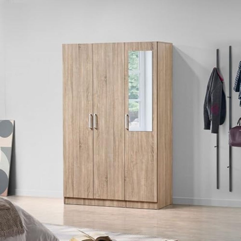 Supreme 3-door wardrobe with mirror, extra sturdy closet for bedroom storage, modern space-saving swing-door cabinet, French Sonoma oak finish, L120xW52xH190cm, durable wood-effect material, sleek grey-brown tone, anti-scratch surface - Image 1