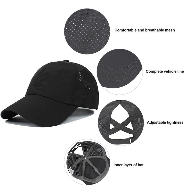 FASHIXD Ponytail Baseball Cap for Women Mesh Quick Dry Baseball Hat with Ponytail Hole (Black) - Image 3