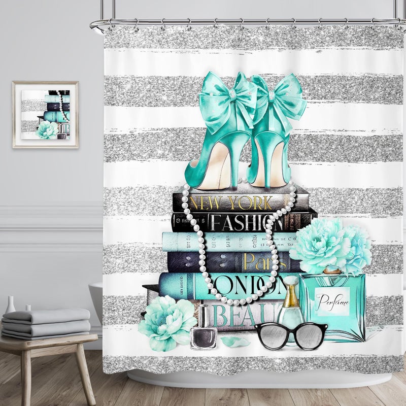 ريديكور Riyidecor Fashion Women Startain 72wx72H بوصة حديثة تيلي الفضة مجلة كتاب جرلي أبيض روز زهرة مكياج الكعب العالي للفتيات الحمام ديكور النسيج مقاوم للماء 12 حزمة. - Image 1