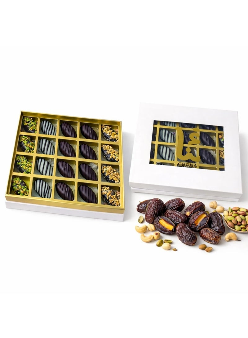 Premium Medjool Assortment Box - Stuffed & Chocolate Coated with Nutella, Pistachio, and Hazelnut - 20 Pieces - Image 1