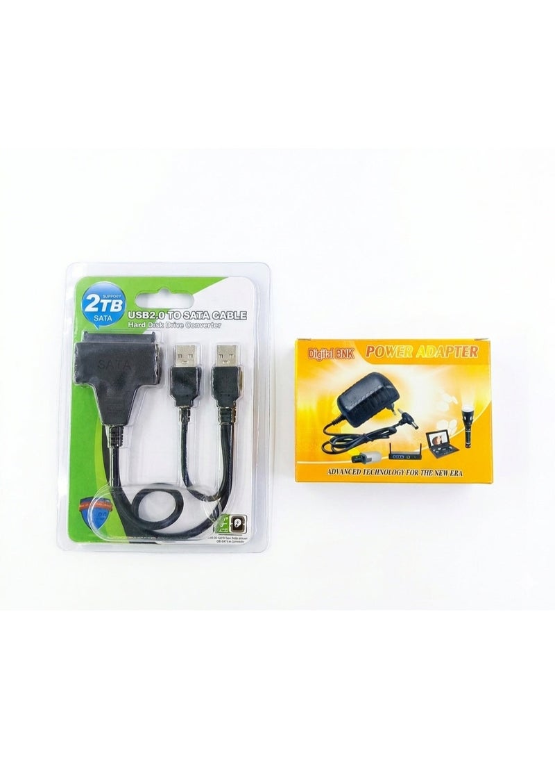 ​وصلة تحويل SATA إلى USB 2.0 مع محول طاقة 12 فولت لتشغيل هارد الكمبيوتر 3.5 بوصة وهارد اللاب توب 2.5 بوصة - أسود - Image 1
