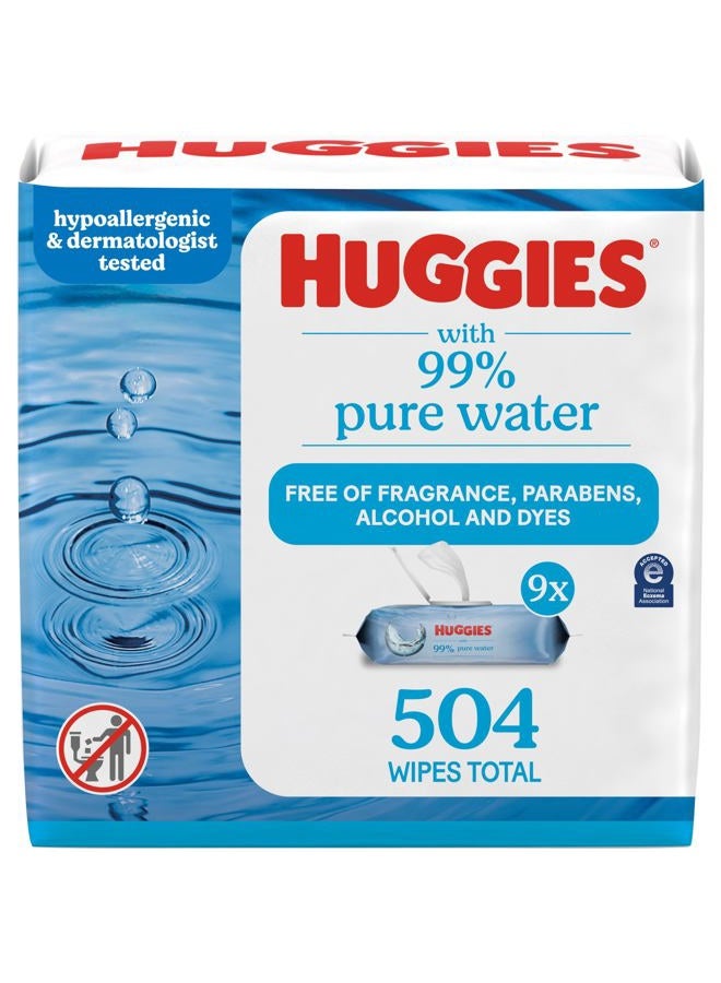 HUGGIES Huggies 99% Pure Water Baby Wipes, Unscented, 9 flip-top packs (3 Packs of 3), 504 Wipes Total, Packaging May Vary - Image 1