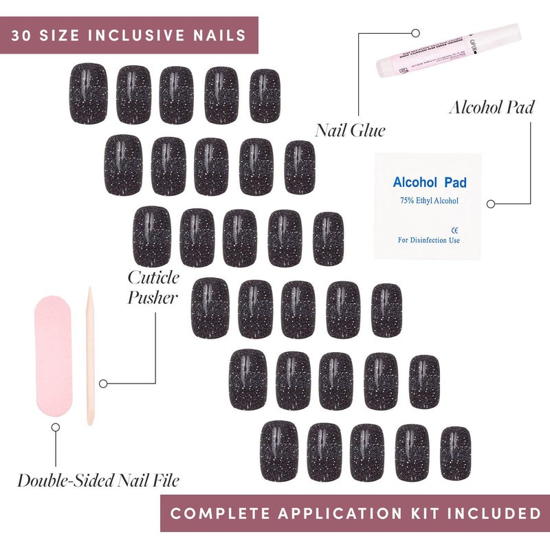 Glamnetic Press On Nails - Cosmic | Semi-Transparent Sparkly Black Short Squoval Fake Nails with a Glossy Finish, Salon Quality | 15 Sizes - 30 Nail Kit with Glue - Image 4