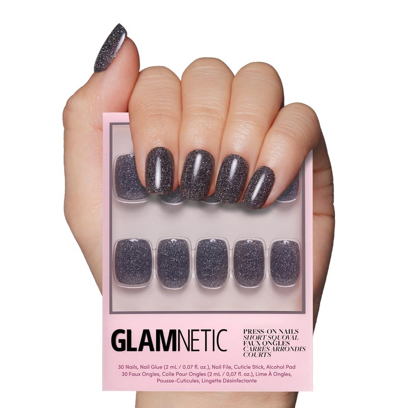 Glamnetic Press On Nails - Cosmic | Semi-Transparent Sparkly Black Short Squoval Fake Nails with a Glossy Finish, Salon Quality | 15 Sizes - 30 Nail Kit with Glue - Image 1