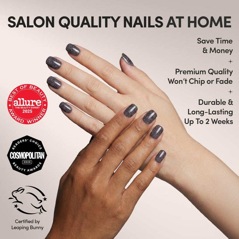 Glamnetic Press On Nails - Cosmic | Semi-Transparent Sparkly Black Short Squoval Fake Nails with a Glossy Finish, Salon Quality | 15 Sizes - 30 Nail Kit with Glue - Image 2