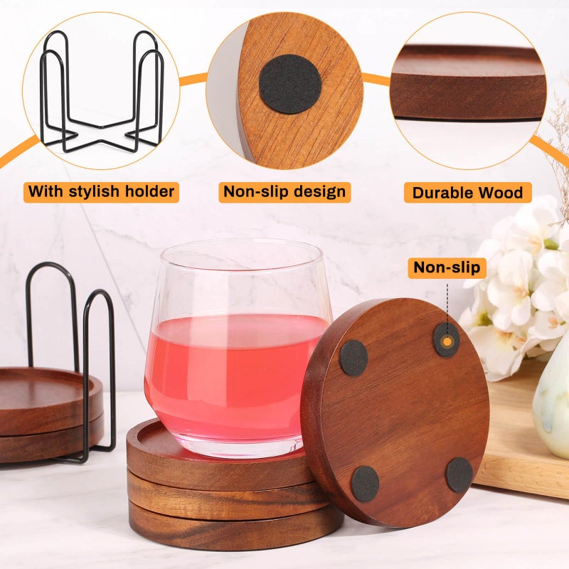 Mckanti Wooden Coasters Set of 6 with Holder, Acacia Wood Drink Coasters for Farmhouse, Patio, Bar Decoration - Image 4