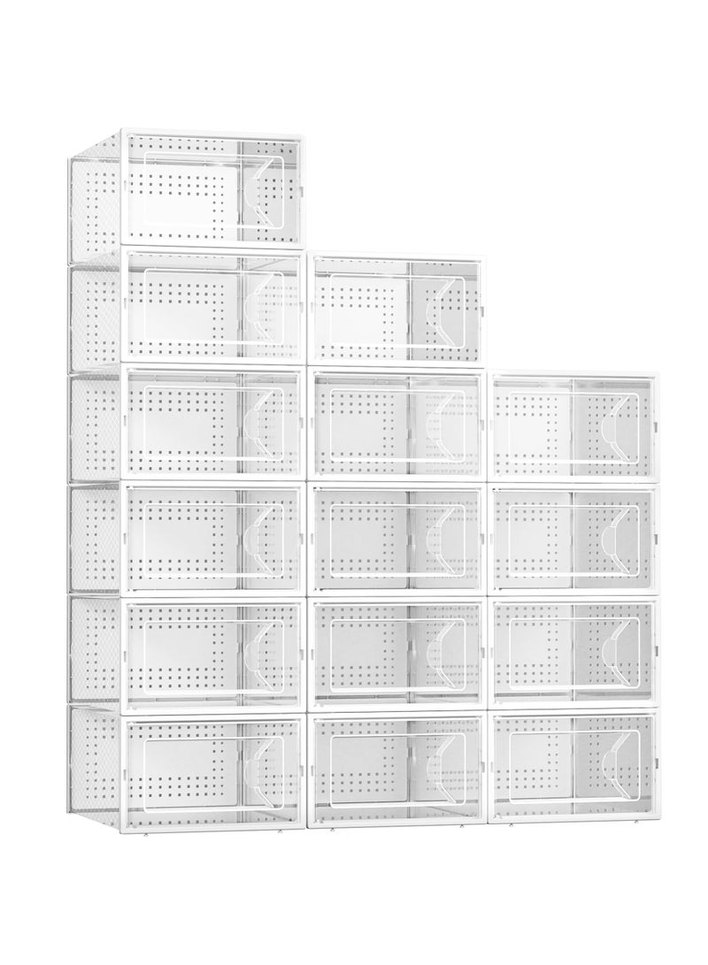 Kuject 15 Pack Shoe Storage Boxes, Clear Plastic Stackable Shoe Organizer for Closet, Connect Left and Right Shoe Boxes Case Container Bin for Entryway, Drop Front, Fit for Size 10(White) 