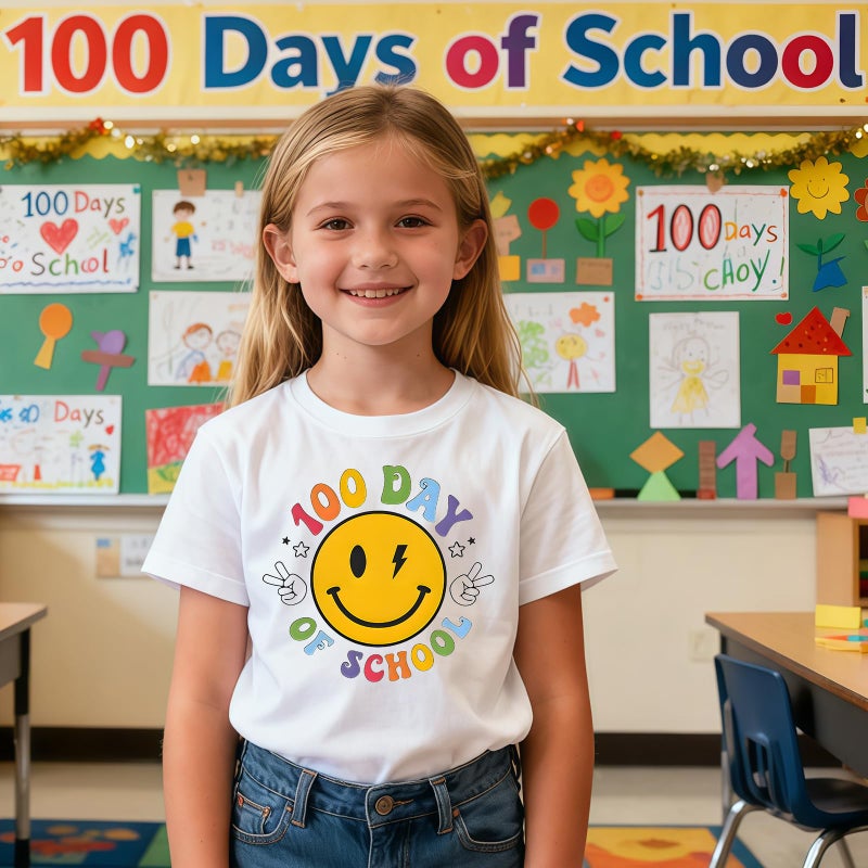YWAGK 100 Days of School Shirt Kids Boys Smile Face 100th Day of School T-Shirts Toddler Graphic Tee Tops White (6-7 Years) - Image 4