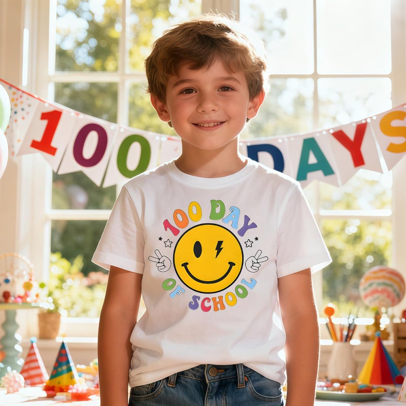 YWAGK 100 Days of School Shirt Kids Boys Smile Face 100th Day of School T-Shirts Toddler Graphic Tee Tops White (6-7 Years) - Image 2