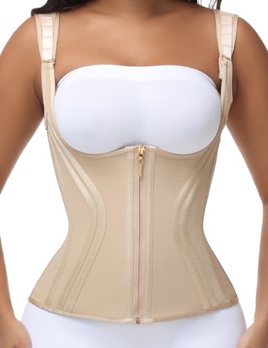 SHAPSHE Waist Trainer for Women Tummy Control Compression Corset Vest Cincher Sport Workout Body Shaper for Postpartum Gym Zipper Hooks Tan M - Image 1