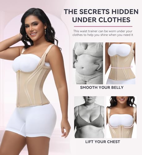 SHAPSHE Waist Trainer for Women Tummy Control Compression Corset Vest Cincher Sport Workout Body Shaper for Postpartum Gym Zipper Hooks Tan M - Image 3