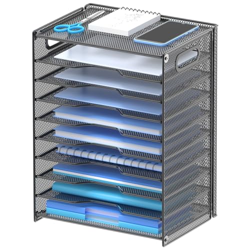 OUTWOLF 10 Tier Paper Organizer  Letter Tray Mesh Desk File Organizer with Handles for Office School Desktop Black