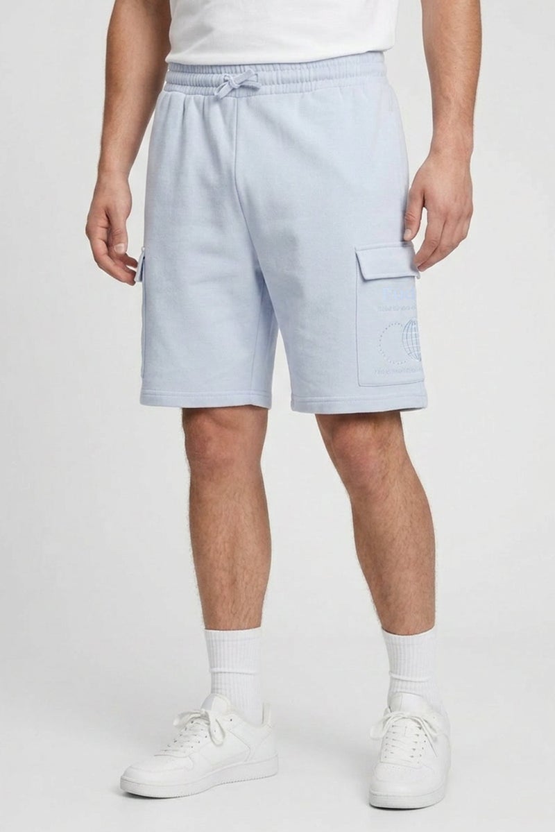 Fudo Men Brand Logo Cargo Shorts, Light Blue - Image 1