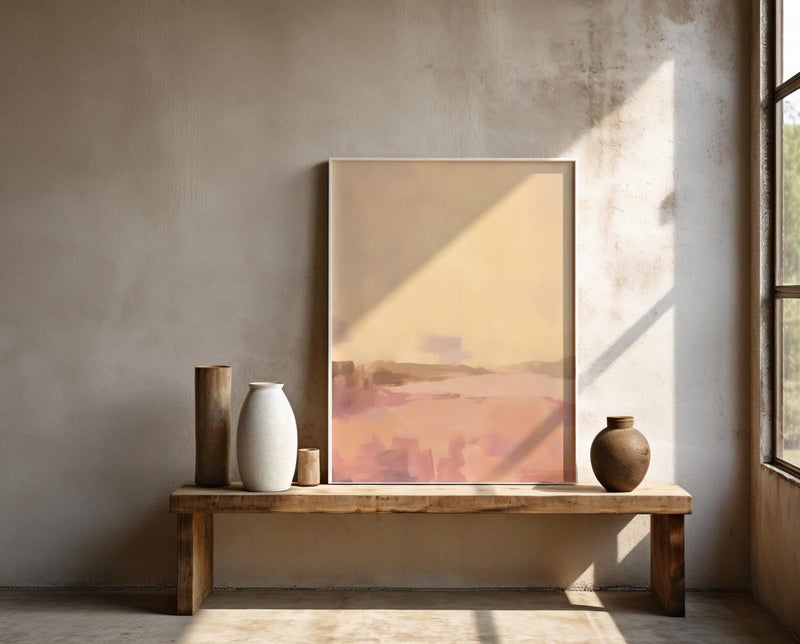 TNESSENTIAL Peach and Pink Abstract Wall Art | Soft Landscape Glow – Framed Poster | Ready to Hang - Image 1