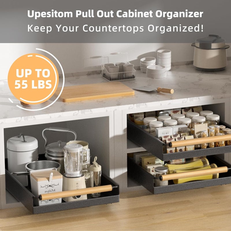 Upesitom 2 Pack Pull Out Cabinet Organizer, 15.3'' Deep Expandable Slide Out Cabinet Organizer Fixed with Adhesive Nano Film, Slide Out Drawers Pull Out Tray for Cabinet in Kitchen, Pantry, Bathroom, Black - Image 3