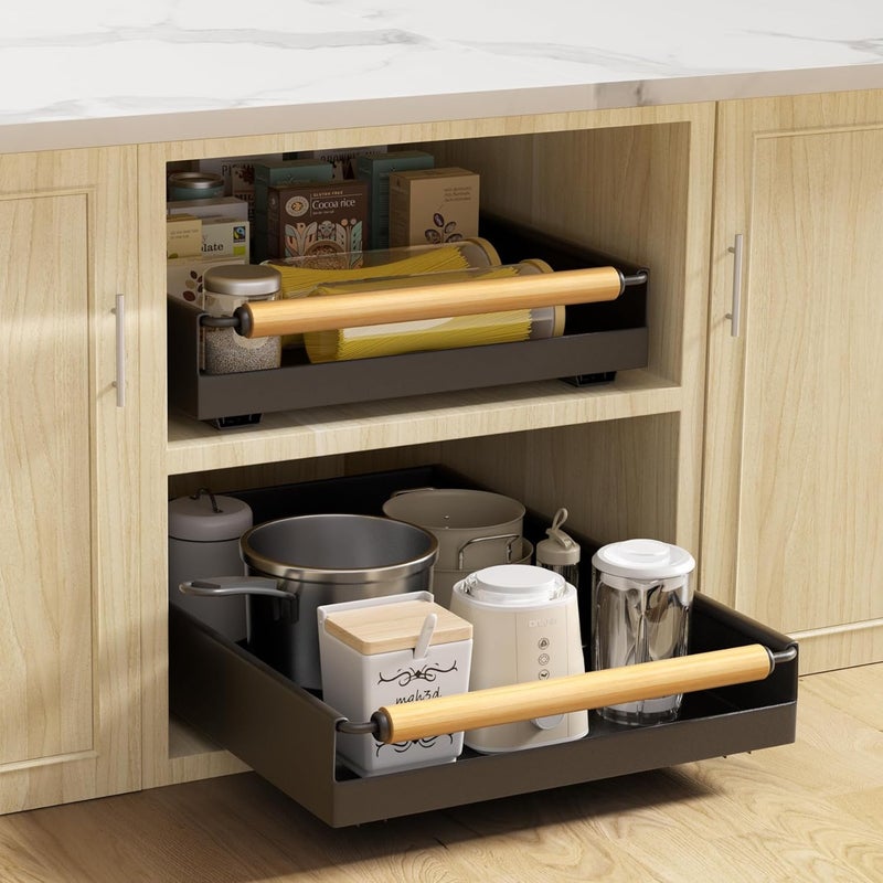 Upesitom 2 Pack Pull Out Cabinet Organizer, 15.3'' Deep Expandable Slide Out Cabinet Organizer Fixed with Adhesive Nano Film, Slide Out Drawers Pull Out Tray for Cabinet in Kitchen, Pantry, Bathroom, Black - Image 1