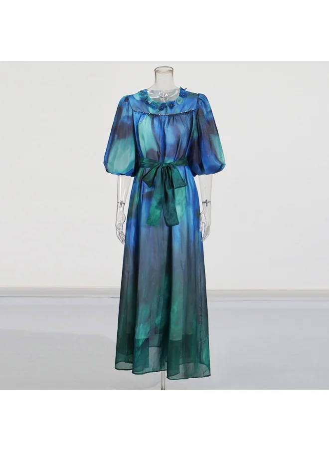 Madam Uniq Retro European and American Palace Style Lantern Sleeve Gradient Maxi Dress for Women